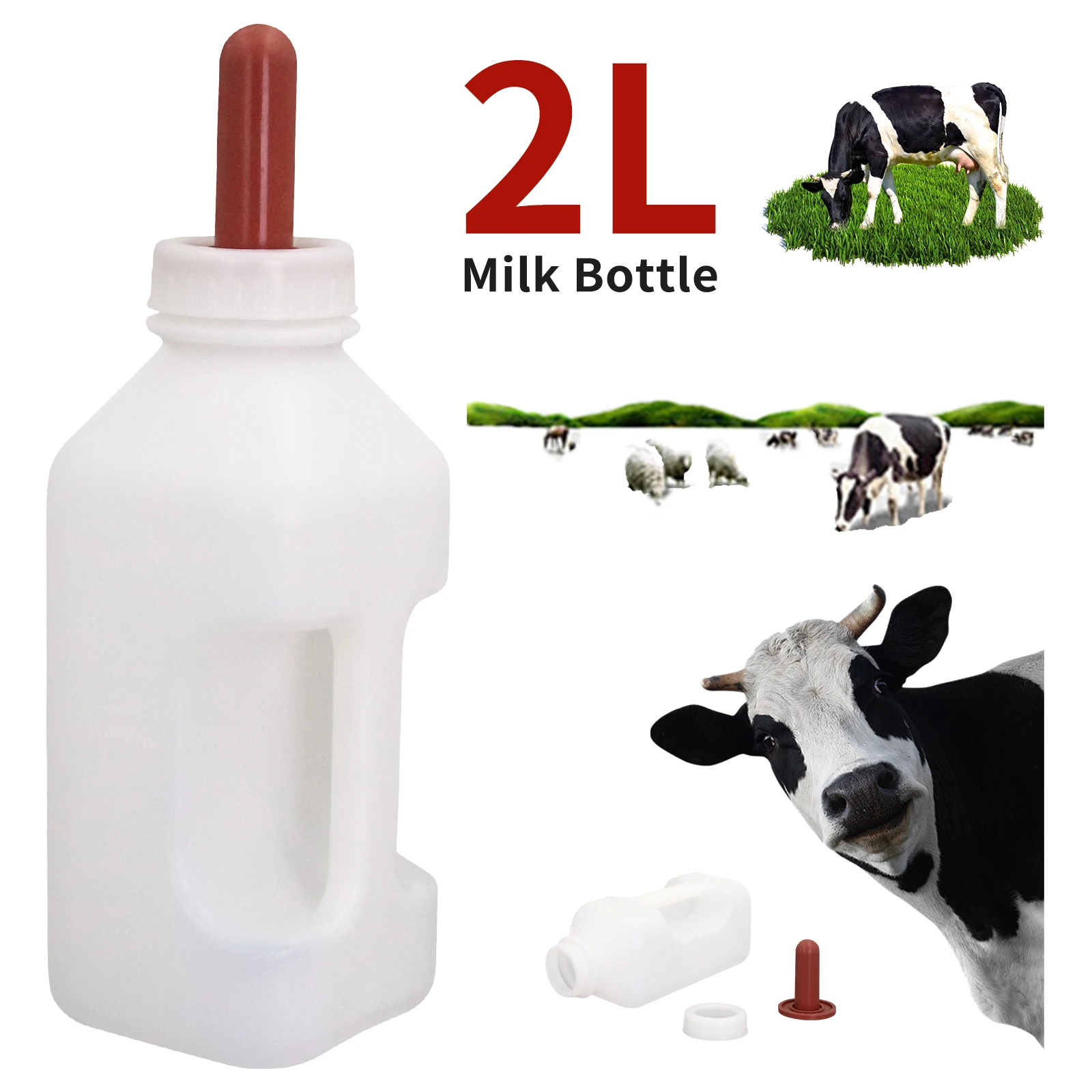 Botella de leche de plástico blanco de 2L para pantorrilla, tetina de goma para cordero, biberón para alimentación de pantorrillas, suministros para ganado de granja de ovejas, 1 Uds.