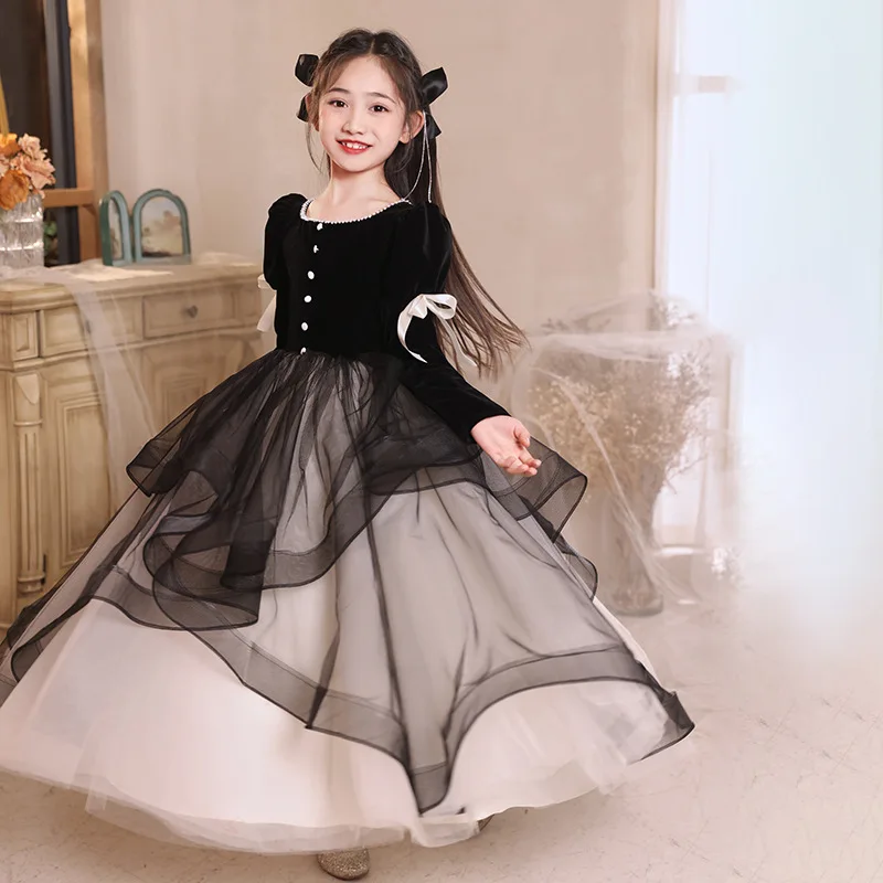 女の子ドレス新しい黒ロングフラワーガールウェディングプリンセスドレス子供ピアノイブニングドレススクエアネックパーティードレスカスタマイズ