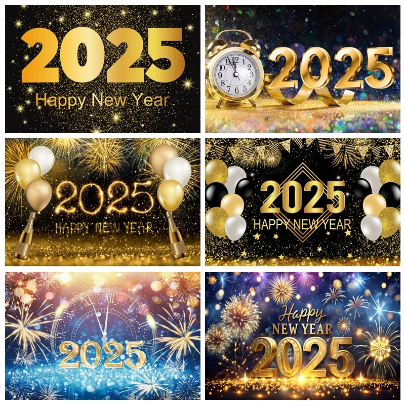 Happy New Year 2025 Photography Background New Year Eve Sparklers Fireworks Clock Champagne Family Party Decor Backdrop