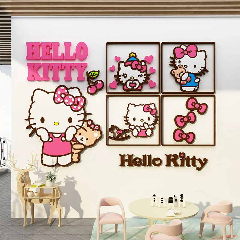 Imagem -04 - Diy Sanrio Olá Kitty Adesivo de Parede 3d Acrílico Adesivos Auto-montagem Desenhos Animados Kawaii Quarto das Meninas