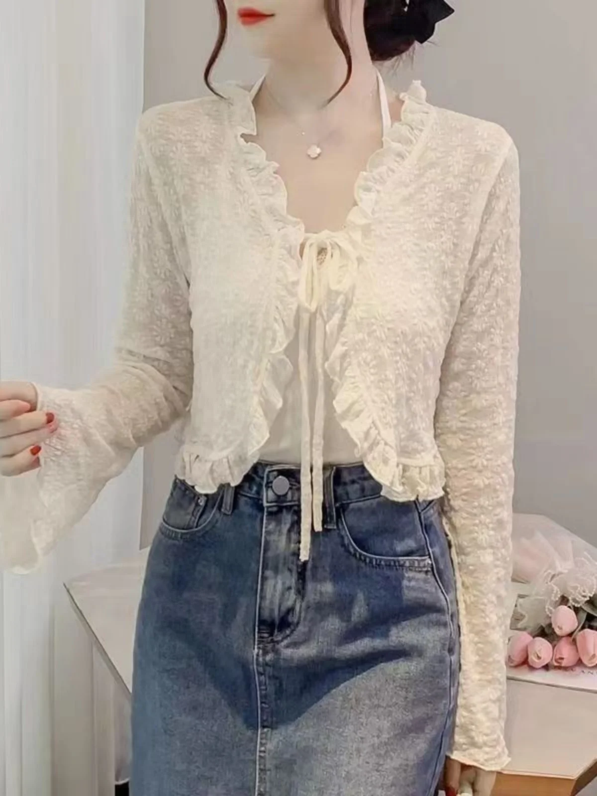 

Lightweight Summer awl Cardigan with Ruffle Trim Top Outerwear Tank Skirt ort Sun Protection V-ne Long Sve Color