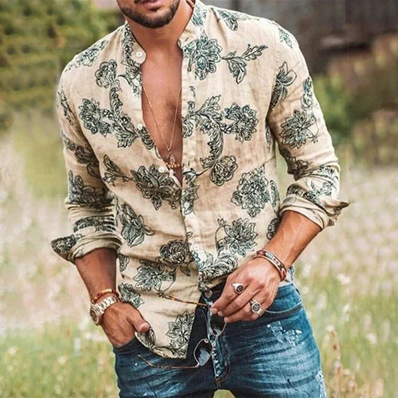 

Men's Retro Floral Print Long Sleeve Shirt Men's Casual All-match Fashion Street Men's Shirt Lapel Single Breasted Long Sleeve