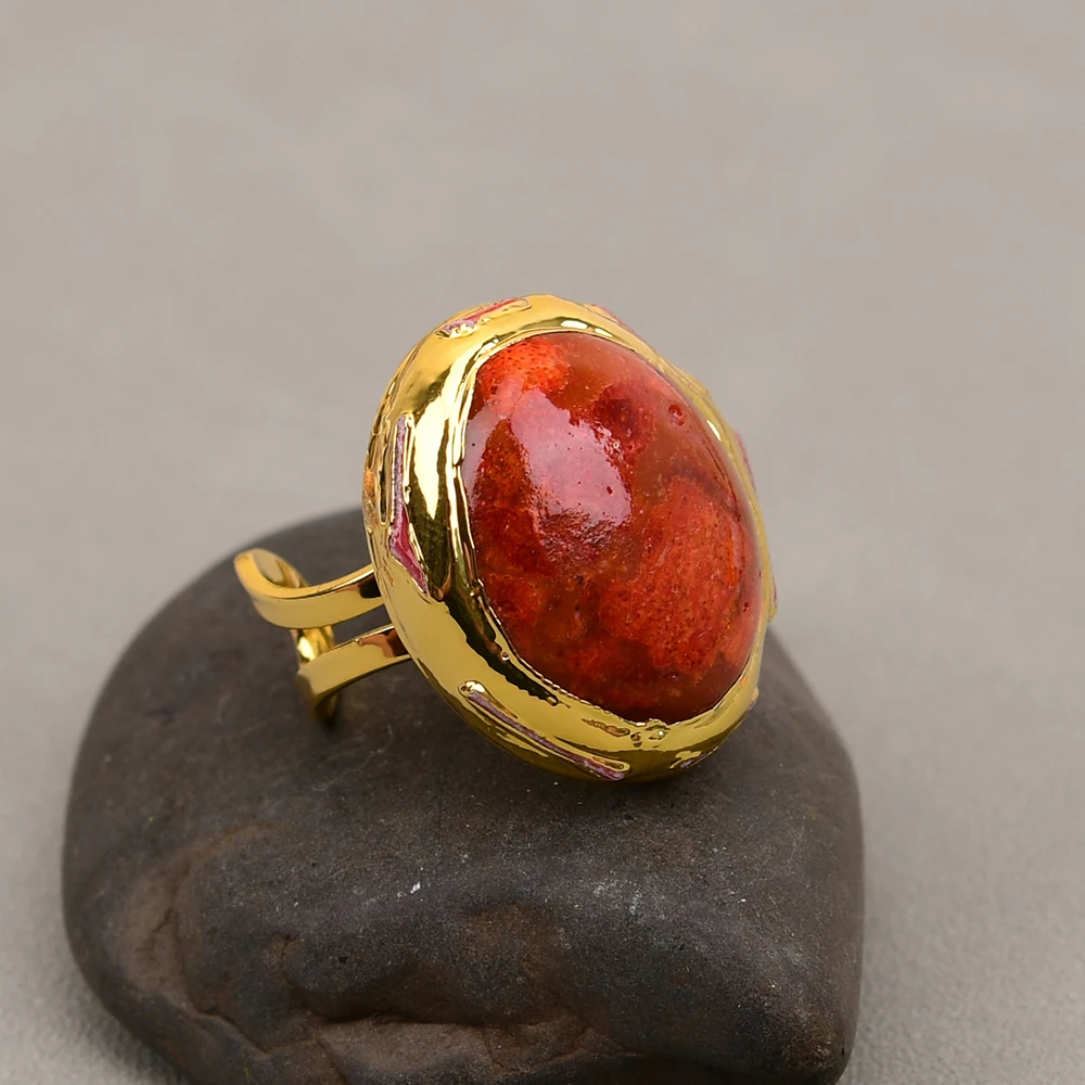 G-G Big Natural Oval Red Spong Coral Gold Edge Plated Rings Adjustable Gems vintage Ring Handmade For Lady