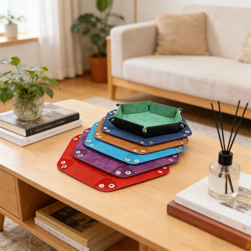Multi-Use Folding Tray PU Leather Hexagon Box for Dice, Trinkets, Collapses Flat for Easy Storage & Travel, Game Night Essential