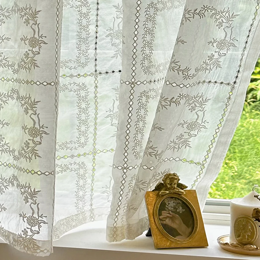 French Retro Lace Embroidery Light filtering Tulle Curtains Floral Semi-Transparent Privacy Drape for Room,Kitchen,Balcony Decor