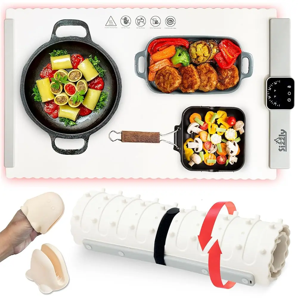 

Electric Food Warming Mat With Heat-Resistant Mitts - 5 Temperature Settings, 4 Timer Presets, Even Heat Technology - Water &