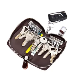 Leather Key Holder Case - Zippered Key Organizer Wallet with 6 Hooks for Keys, Cash & Card - Gift for Men Women (black)