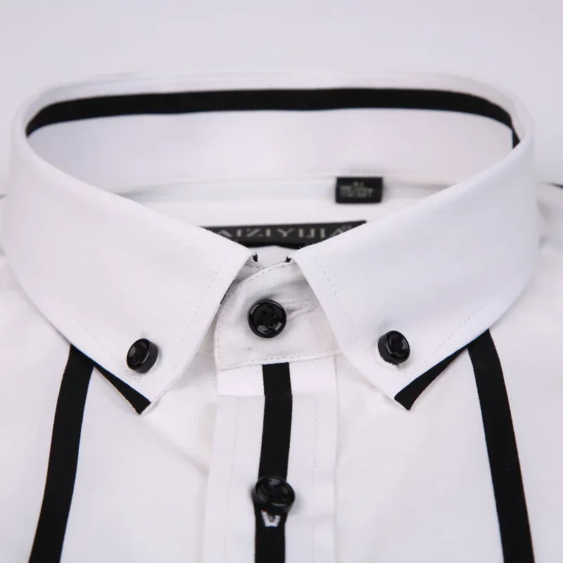 

Мужские рубашки из хлопковой ткани в полоску, с длинным рукавом, на пуговицах, с воротником, приталенного кроя, для смарт-кэжуал стиля, без карманов.