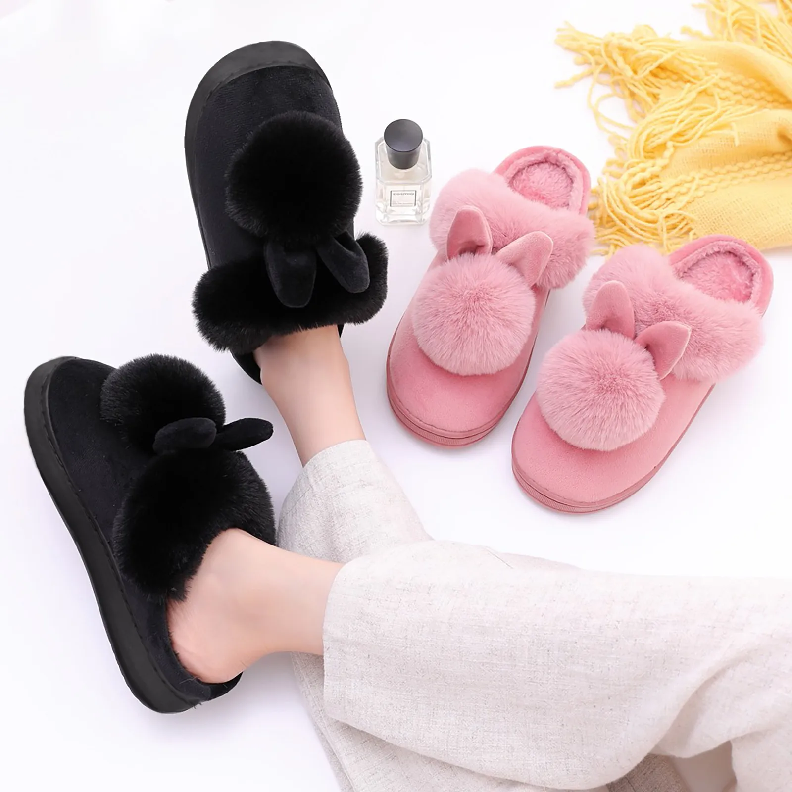 Cow Print Slippers For Women Women'S Indoor Winter Home Rabbit Comfort Shoe Furry Ears Footwear Slippers And Slides For Women