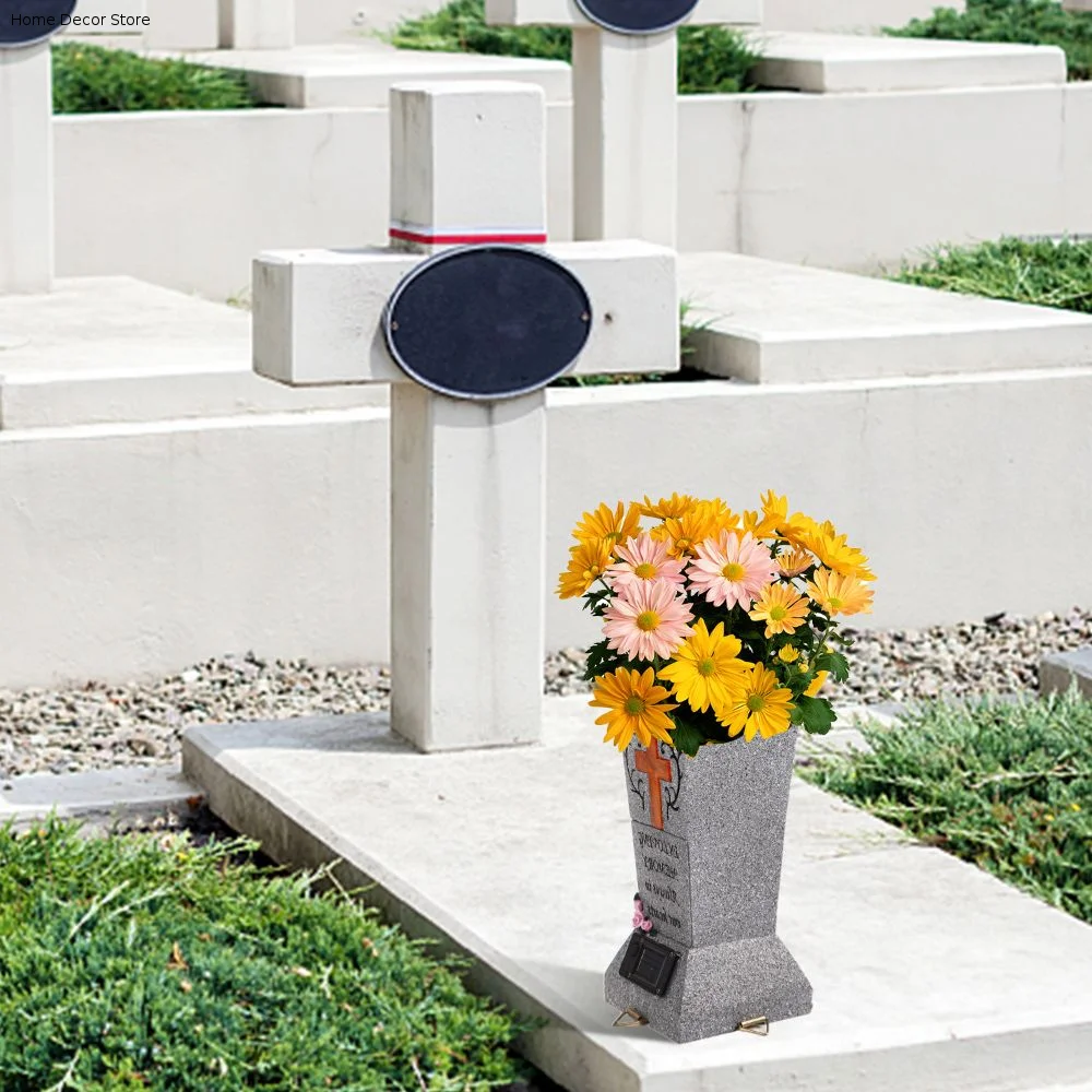 Resin Solar Grave Light Solar Powered Cross Candle Memorial Light With Drain Holes Ornament Flameless Ceremony Grave Lantern