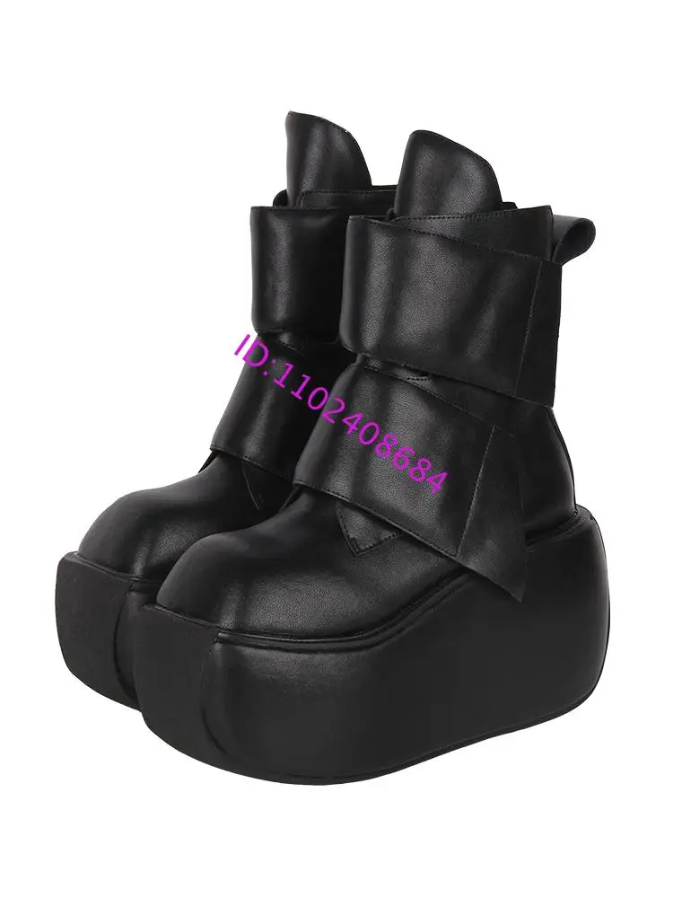 

Черные кожаные ботильоны на высокой платформе на плоской подошве в стиле панк, черные кожаные ботинки в стиле Лолиты в стиле панк с толстой подошвой