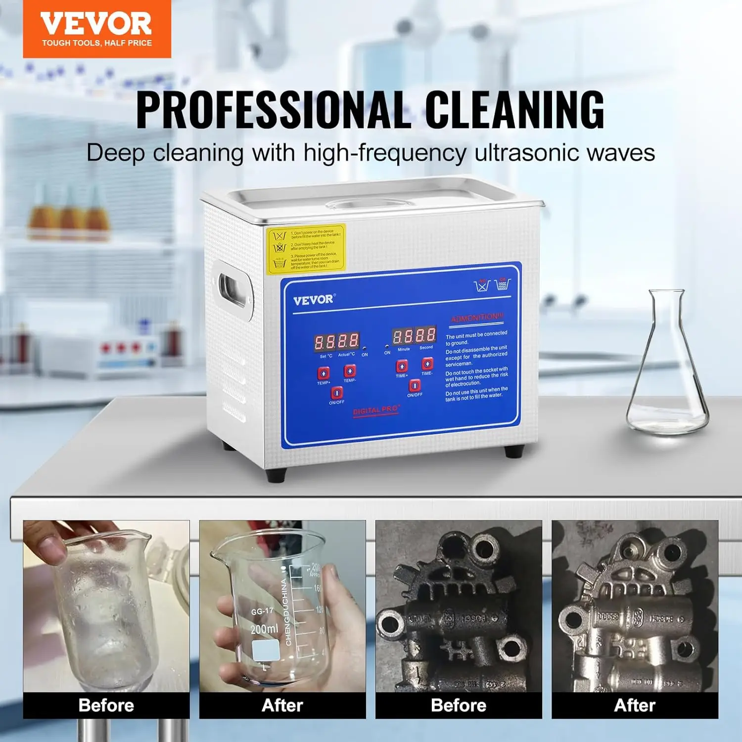 Professional Ultrasonic Cleaner, Easy to Use with Digital Timer & Heater, Stainless Steel Industrial Machine for Parts