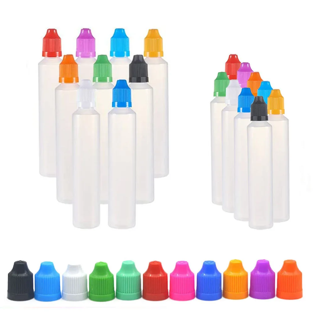 10Pcs 30ml 60ml Plastic Dropper Bottles PE Pen Shaped Bottle Long Tips CRC Child Resistant Colored Caps Squeezable Vape Bottle