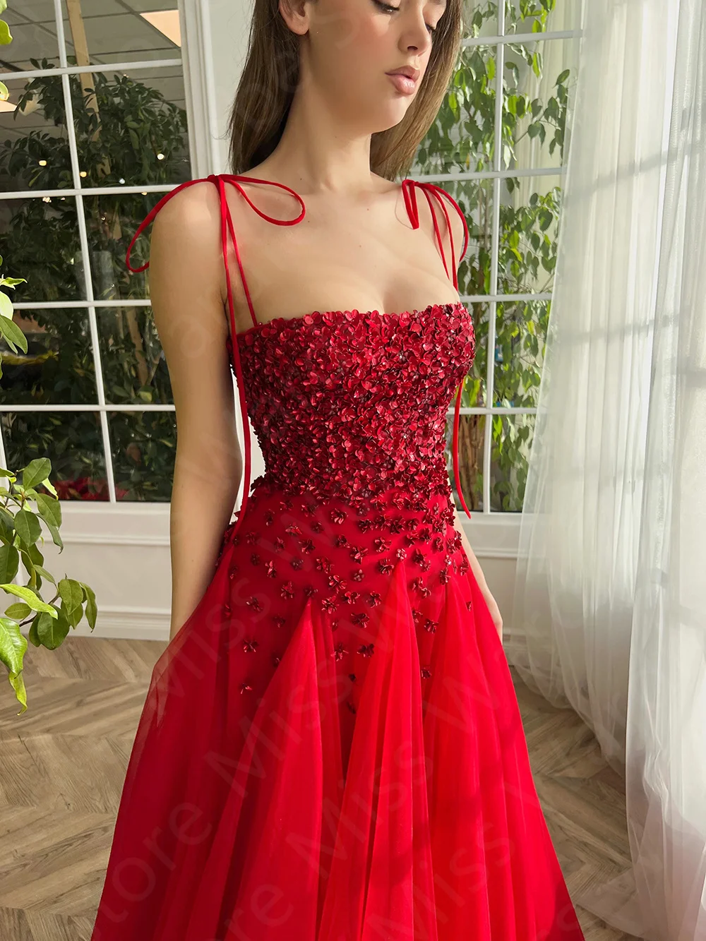 Maßgeschneiderte, wunderschöne Abendkleider, Rot, 2025, Abschlussball-Party-Kleider, ärmellose Blumen, Perlen, Hochzeitsgast-Kleider, Schnürung am Rücken – Detail 6