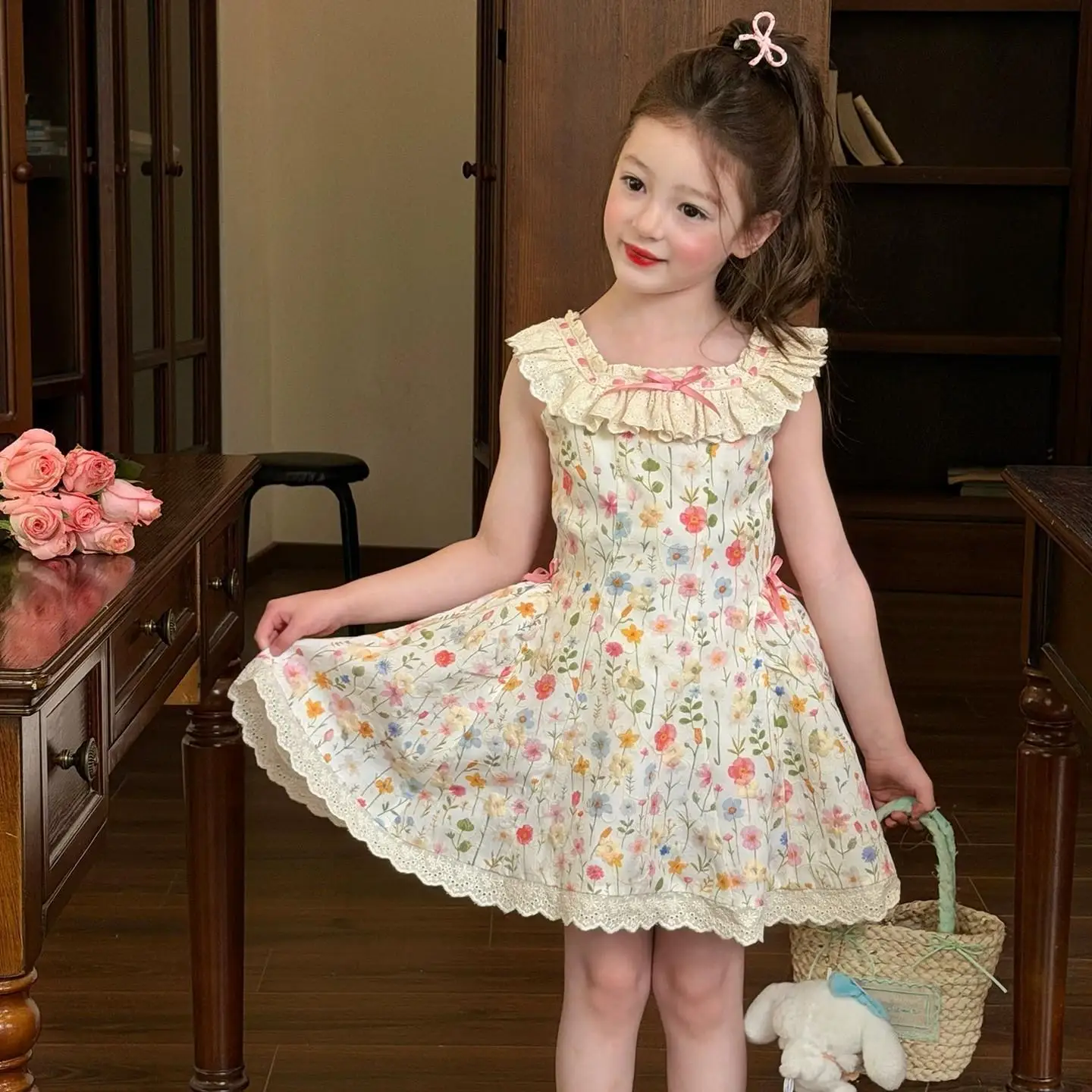 

Girls Dress Sweet Sleeveless Floral 2026 Summer Kids Cottage Style Lace Kids Wear Cotton Princess Dress