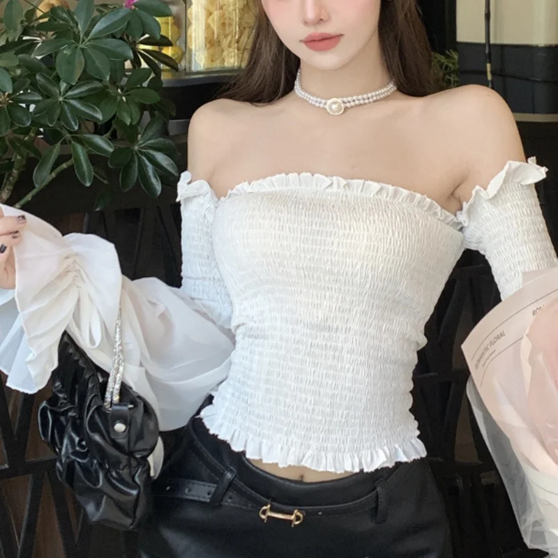 Off Shoulder Sexy Women Blouse Flare Sleeve Lace Up Slim Shirt Fashion Long Sleeve Tops Elegant Ruffles Clothing