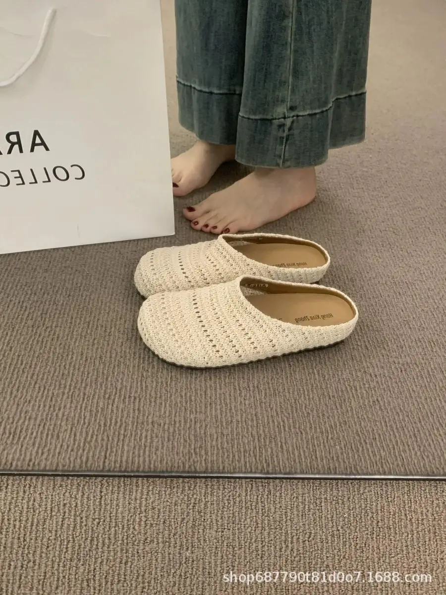 Handgewebte, dicke, offene Zehenschuhe im koreanischen Stil, flache, rutschfeste Pantoffeln für Damen, flache Sandalen – Detail 5