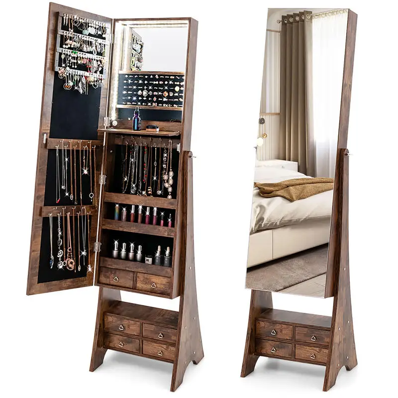 Armoire à bijoux sur pied avec miroir LED pleine longueur et 6 tiroirs - Brun rustique
