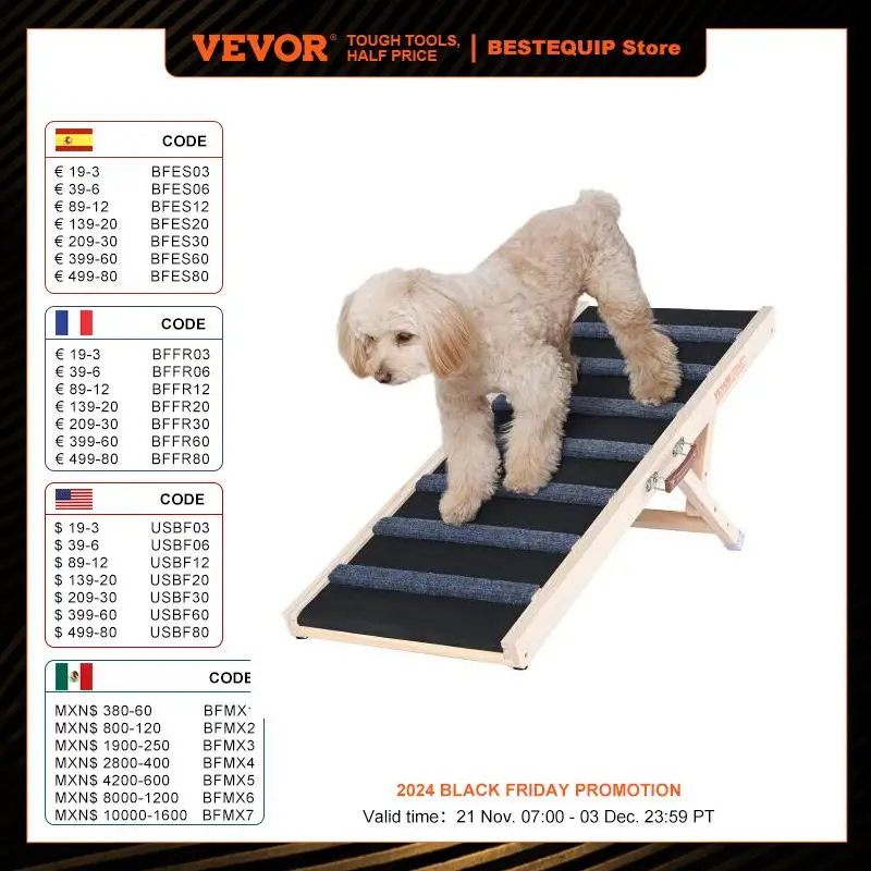 VEVOR Dog Ramp Folding Ladder Anti-slip High Adjustable Wooden Pet Ramp Removable for Small Old Dog Climbing Stairs Sofa Car Bed