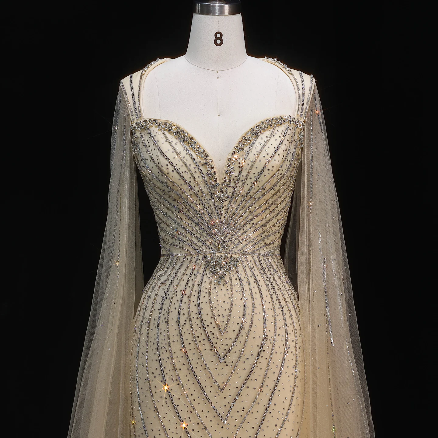 Sharon Said Elegante Abendkleider mit Cape-Ärmeln, Perlenbesetzte Meerjungfrauenkleider, Arabische Luxus-Formelle Ballkleider für Damen SS130 Maßanfertigung – Detail 9