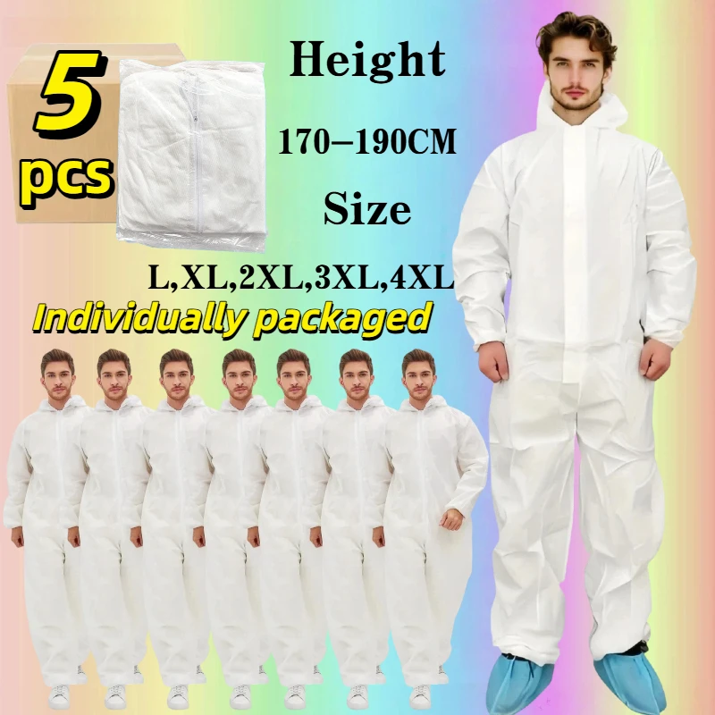 5Pcs Disposable White Sf Hooded Coveralls with Hood/Front Zipper/Elastic Cuffs, Individually Packaged, Lightweight and Easy to Wear, Unisex, Suitable for Industrial and Agricultural Applications, Available in Five Sizes: L-Xxxxl