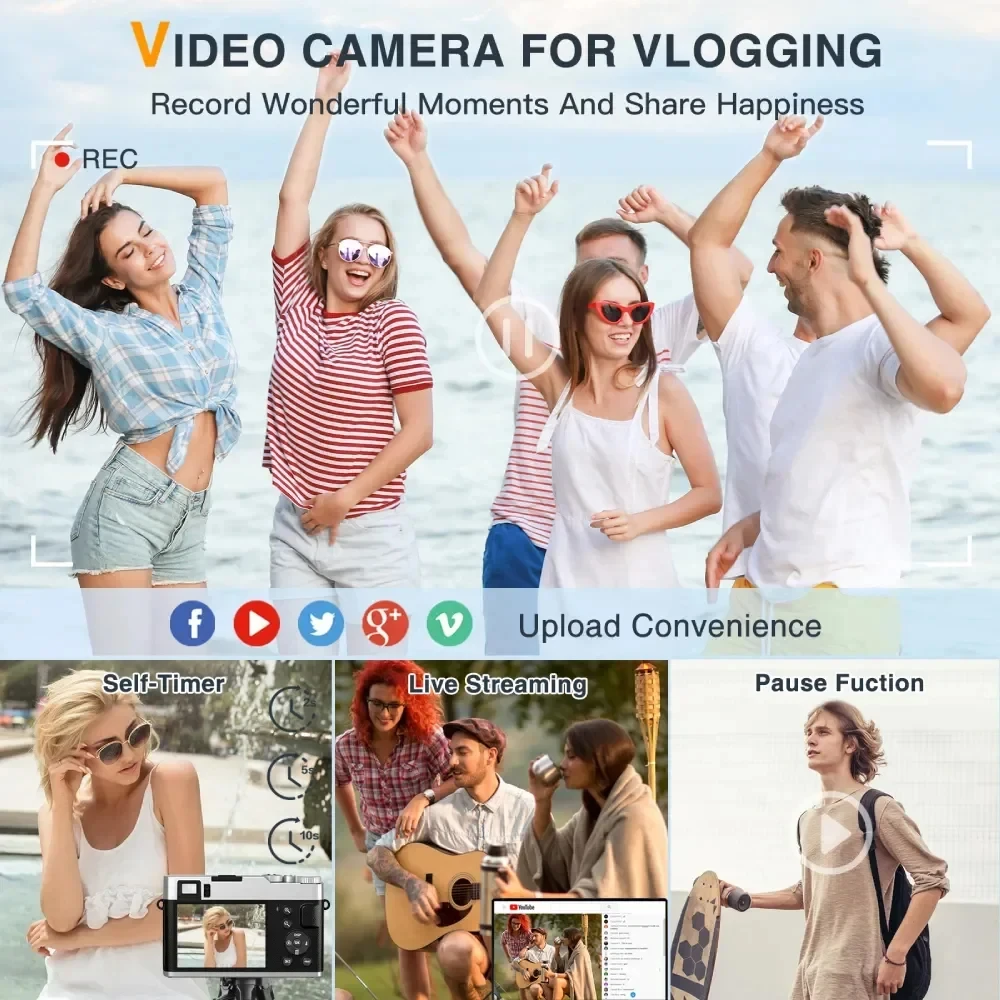 Cámara digital para YouTube y cámara de vídeo antivibración Cámara Vlogging con enfoque automático 4K 48MP con visor Flash para fotografía