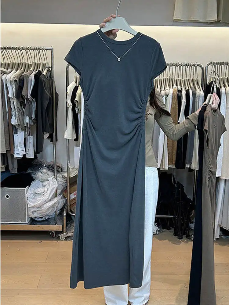 Grande taille 300 Pou été minceur plissé Anti-âge T-shirt femmes Midi Dr décontracté coréen Sle coupe ample rond Ne S...