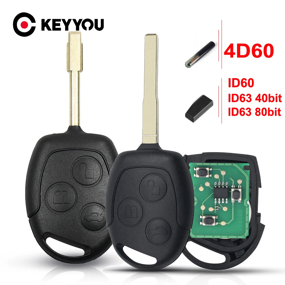 KEYYOU Remote Key Fob Full Car Key For FORD Focus Ka Mondeo Galaxy Fiesta Fusion 433MHz 4D60 ID63 Chip 3 Buttons 2006 2007