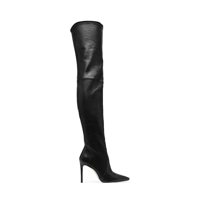 Arden Furtado 2024 Black cowhide Elastic Thigh high boots Pointed toe Patchwork Slip-on Stilettos heels Modern boots large size