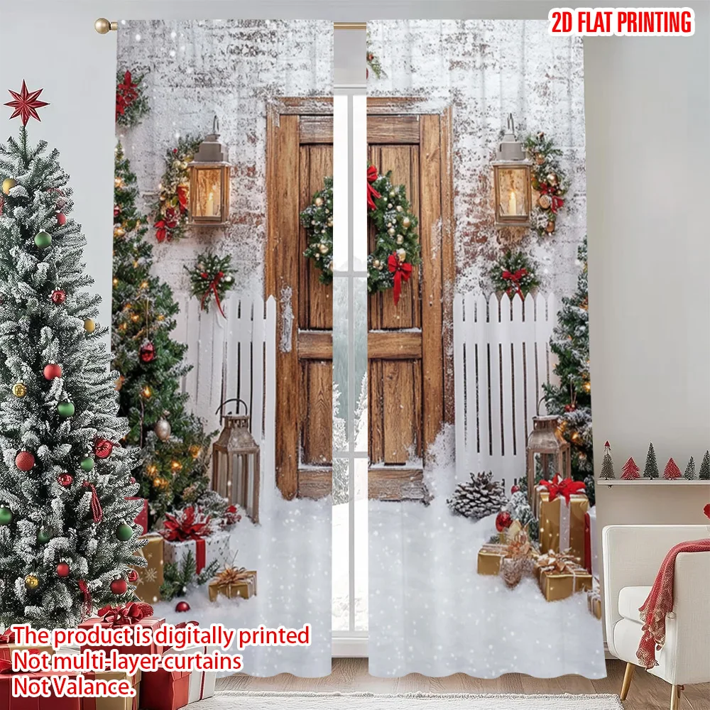 

2pcs 2D flat printing Christmas Window Drapes Winter snow Christmas tree Versatile Fabric Without Electricity Spring Party &