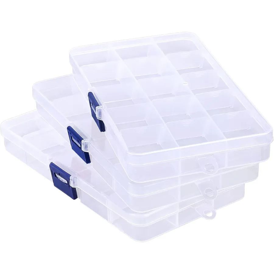

3PCS 15Grid Clear Plastic Fake Nail Storage Box with Divider for Rhinestone Organizer Case Ideal for Art Craft Sewing Screw Roc