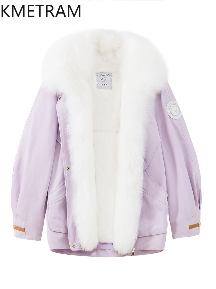 KMETRAM Parka z naturalnego futra królika Rex z wyjmowanym wnętrzem, odzież damska, nowa kurtka z prawdziwego futra z kołnierzem z futra lisa, płaszcze zimowe 2025