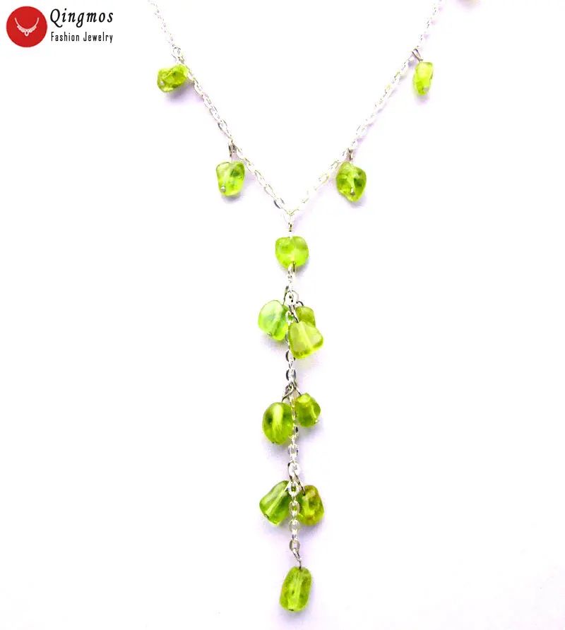 Qingmos Fashion 8-10mm Baroque Natural Green Peridot Pendant Necklace for Women with Genuine Stone Jewelry Chokers Chain 17''