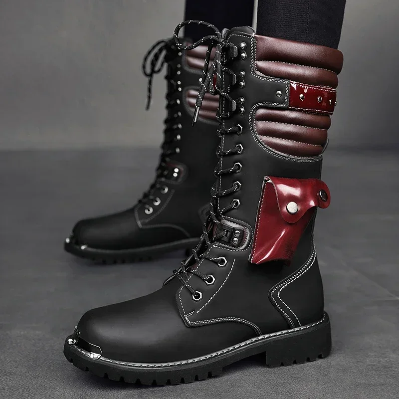 Winter High Heel Men Boots Casual Fashion Punk Motorcycle Boots Lace-up Leather High Black Biker Solid Boot Military Men Shoes