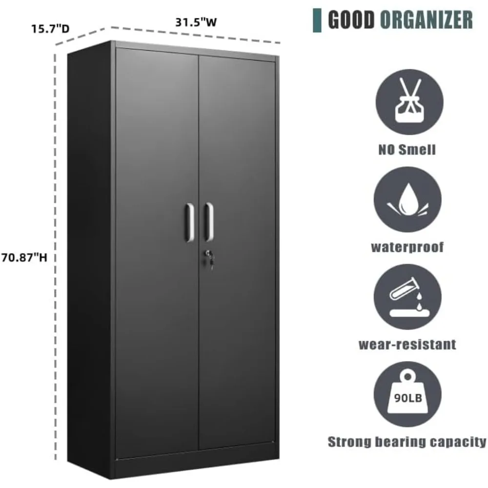 

Metal Storage Cabinet Adjustable Shelves Garage Cabinet 2 Lockable Doors Durable Organization Solution for Home Or Office