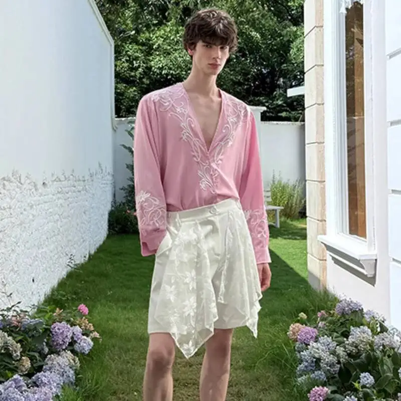 LUZHEN Design Men's Patchwork Lace Straight Shorts Embroidery Gauze 2026 Summer Original Fashion Male Five-pointed Pants JY7577
