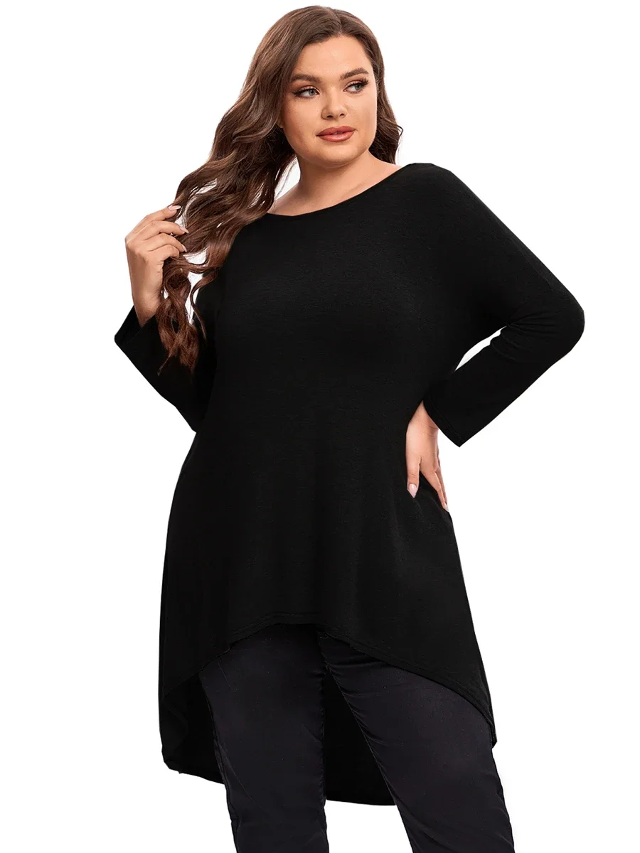 Plus Size Long Sleeve Elegant Spring Autumn Blouse Women Long Hi Low Fit Flare Swing Tops Large Size Loose Tunic 5XL 6XL 7XL 8XL