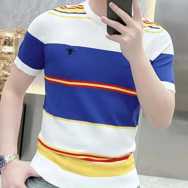 Contrasting Color Splicing Striped Short Sleeve Tshirt Men O-Neck T-shirt Men Clothing Summer T Shirt Casual Tops Tees For Men