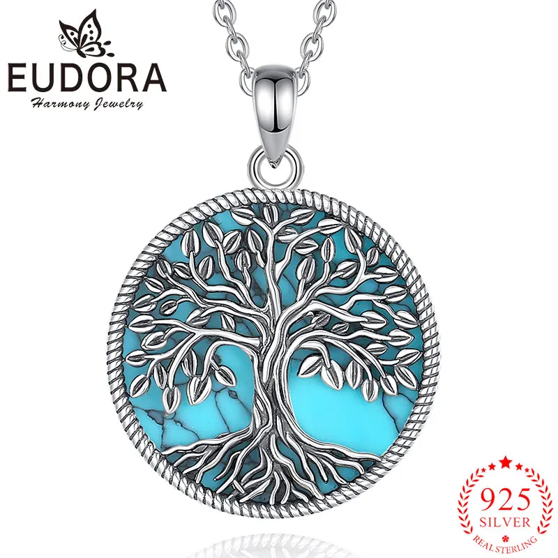 

Eudora New 925 Sterling Silver Tree of Life Necklace Exquisite Turquoise Pendant Vintage Jewelry Personality Gift for Women