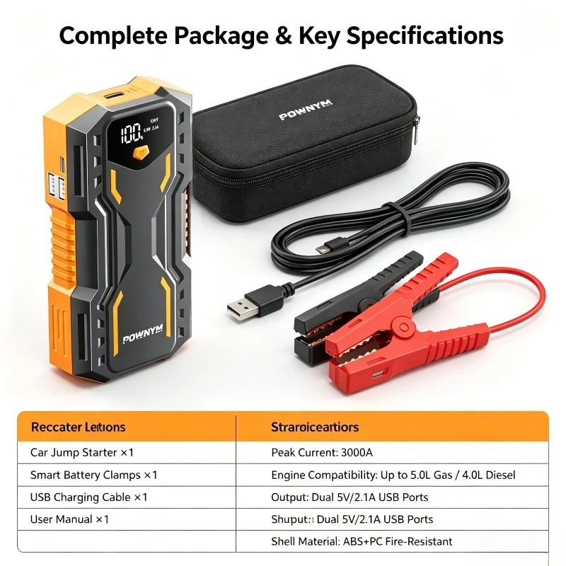 Car Emergency Power Bank 12V Vehicle Starter Power Supply with LED Lighting/Double USB Charging for Cars/SUVs/Pickups/Motorcycle