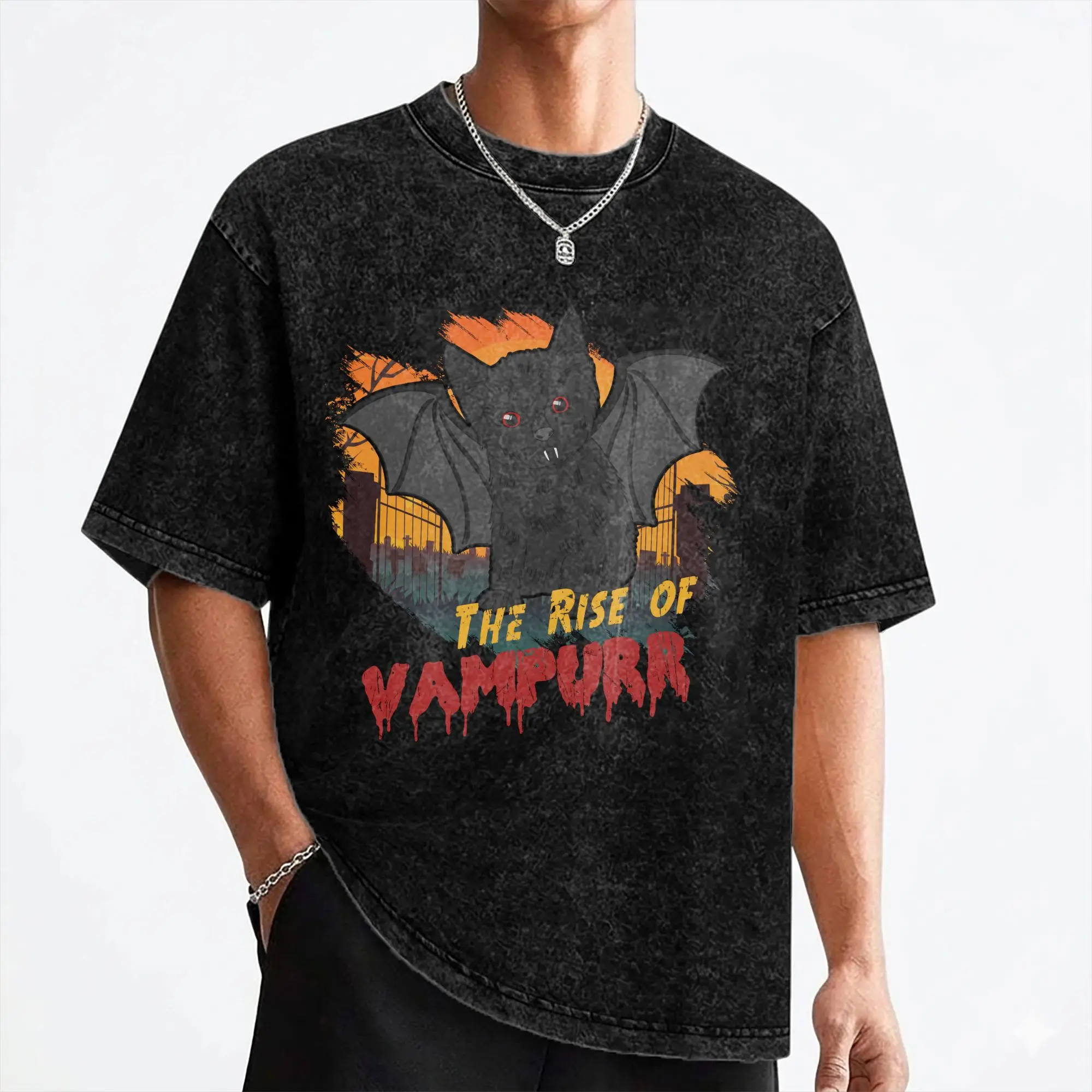 Return of The Vampurr  T Shirt Washed 100% Cotton Harajuku T-Shirt Cat Kitty Halloween Vintage Men Women Streetwear Summer Tees