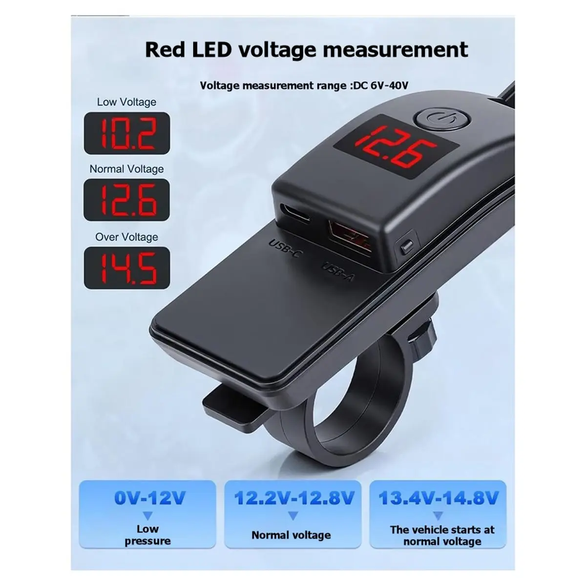 AU47-36W USB Type C Charger Adapter Handlebar Motorcycle USB Fast Charger with Switch Voltmeter for Phone Mobile