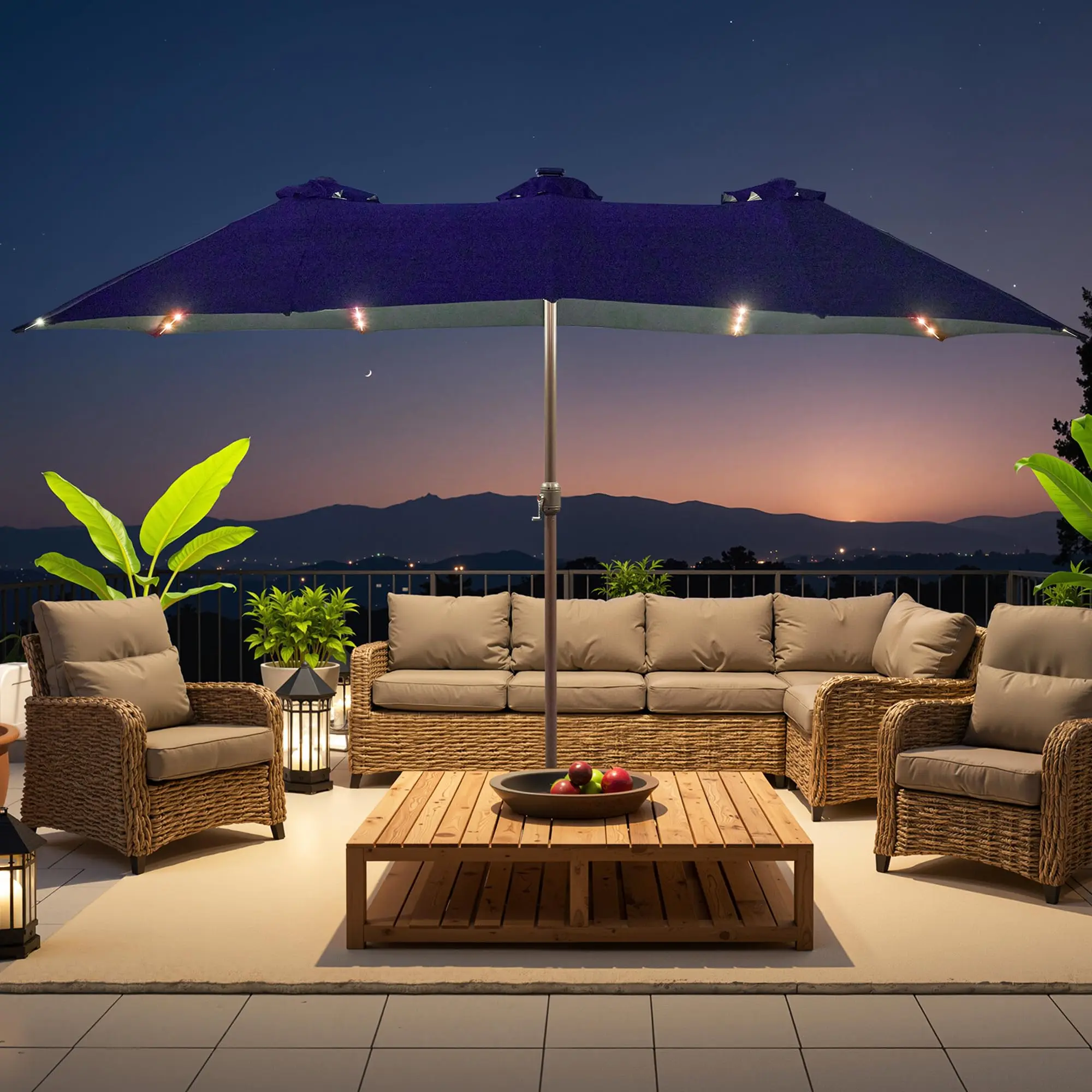 15 ft Large Patio Umbrella with Color Changing Lights,UPF50 Outdoor Table Umbrella with Solar Lights and Base,Remote