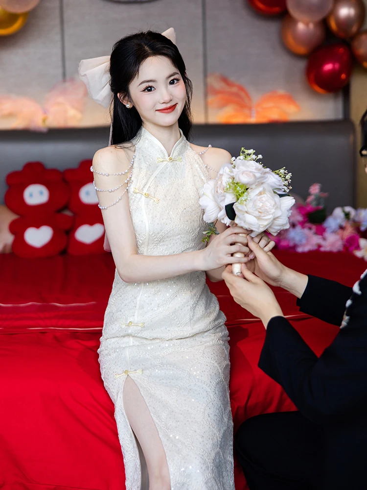 

Champagne Engagement Qipao Wedding Dr New Chinese Sle Luxury Sensation Wedding Gown ort Ele Perfect Bridal Dr