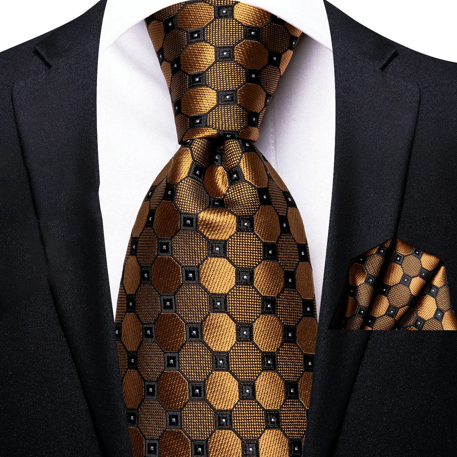VERVEROW Vintage Brown Grid Pattern Necktie Matching Pocket Square Set Men Formal Dress Tie Handkerchief Accessory for Office