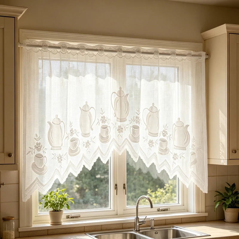 1pc American-style vintage Teapot and Cup Lace Curtain with Floral Pattern, Translucent Short Half Curtain for Coffee.