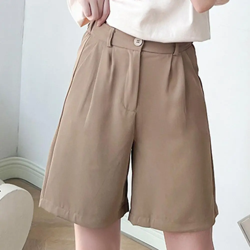 Women\'s Summer Shorts Loose Casual Suit Short Pants Girl Solid Color Pink Sky Blue Knee Length Button High Waisted Shorts 반바지