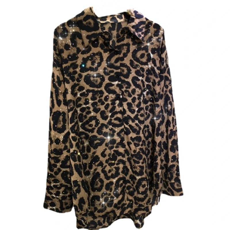 

Heavy Embroidery Hot Drilling Leopard Print Shirt Women's Loose Mid-Length Spring and Summer All-Matching Sun Protection Blouse