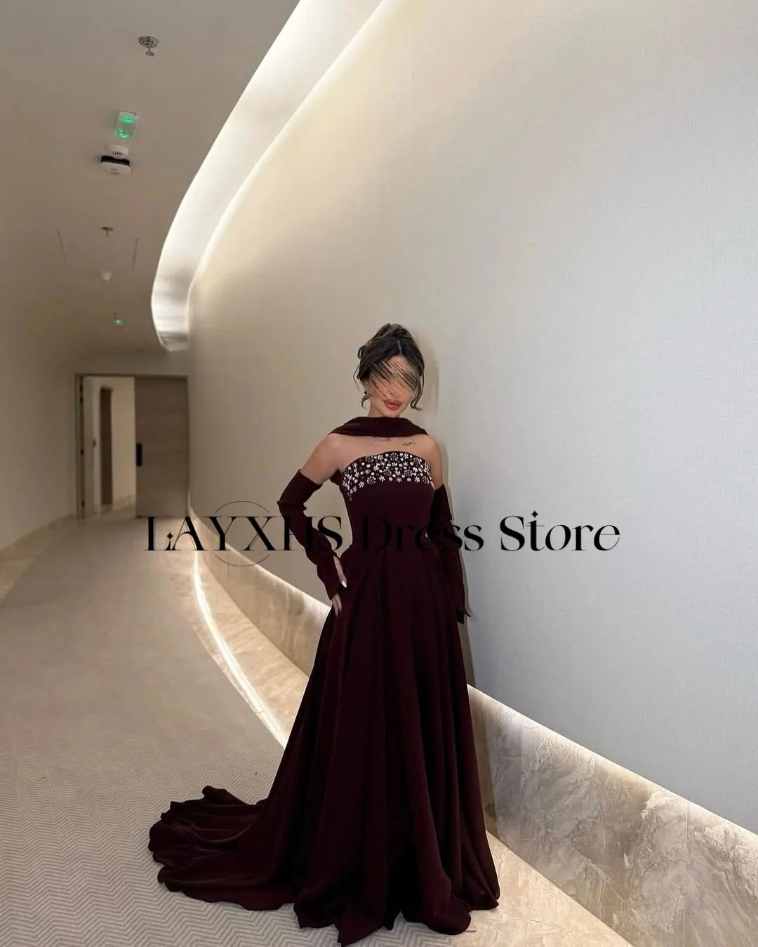 LAYXHS Luxury Dark Red Strapless Evening Dresses A-Line Beaded Floor-Lenght Pleat Prom Dresses Customized فساتين سهره