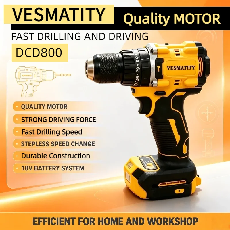 Drill Driver Vesmatity DCD800 20V Brushless Compact 13mm 90Nm Torque 2 Speed Cordless Power Tool for Home Workshop